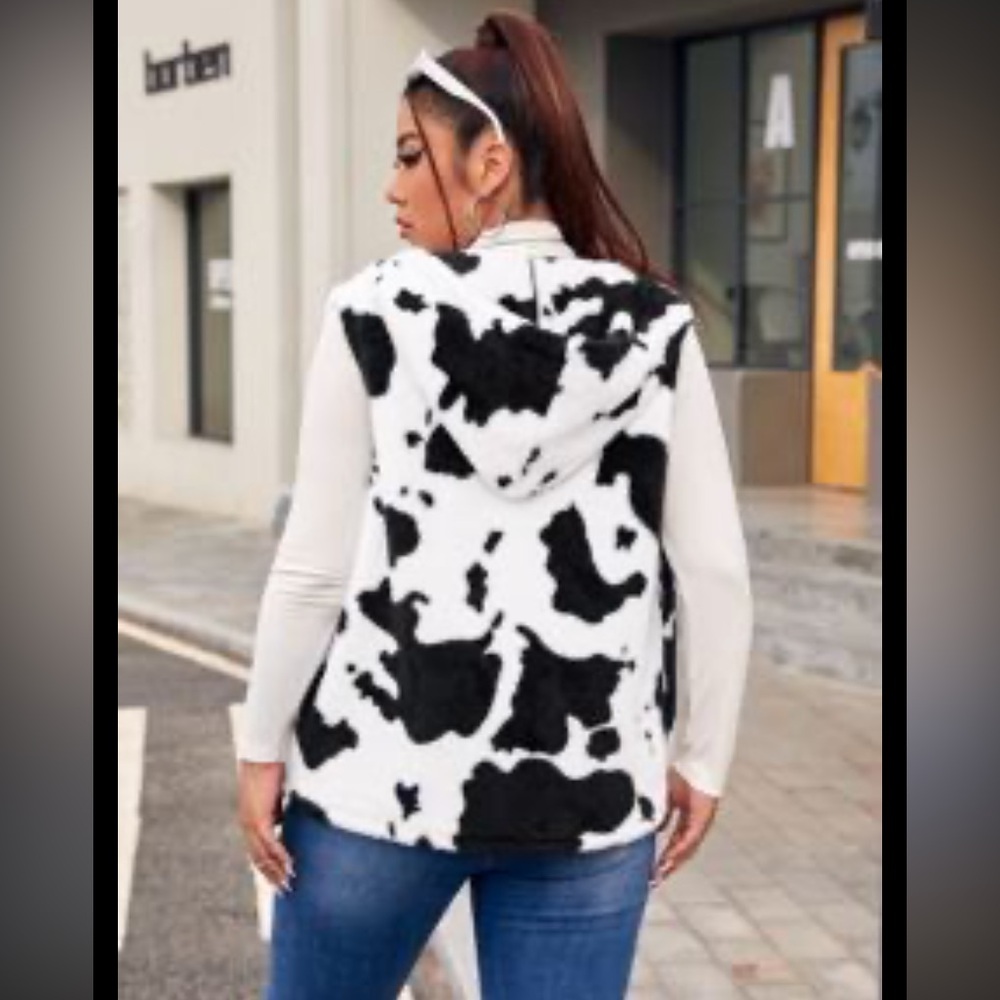 Faux Fur Cow Print Hooded Vest - Black & White